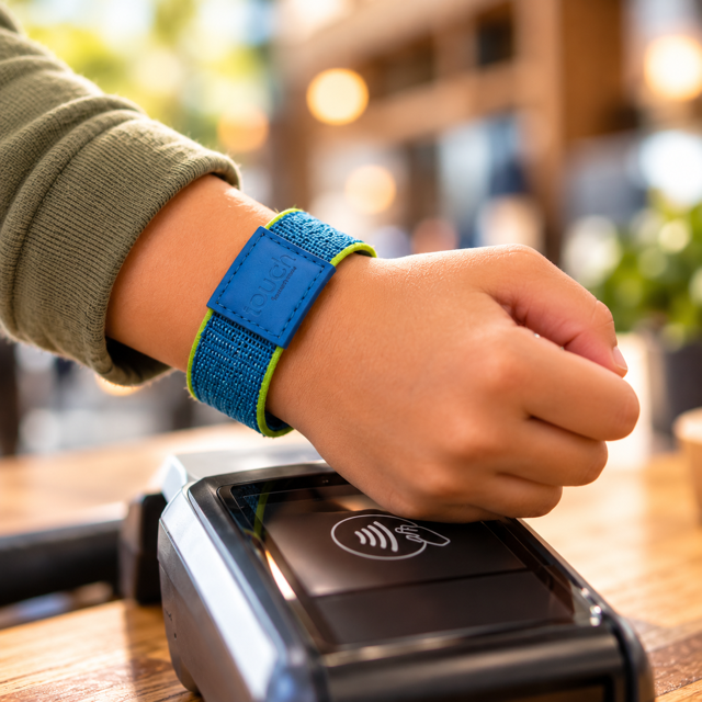 Close up of a boys hand and wrist wearing RingPay's Kids Payment Bracelet and using it to pay on a contactless terminal.
