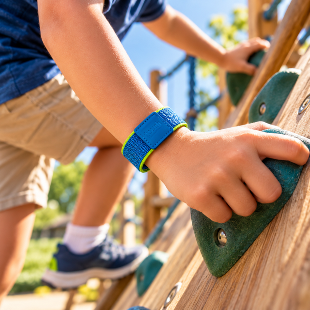 A boy wearing RingPay's Kids Payment Band whilst climbing in a playground setting.