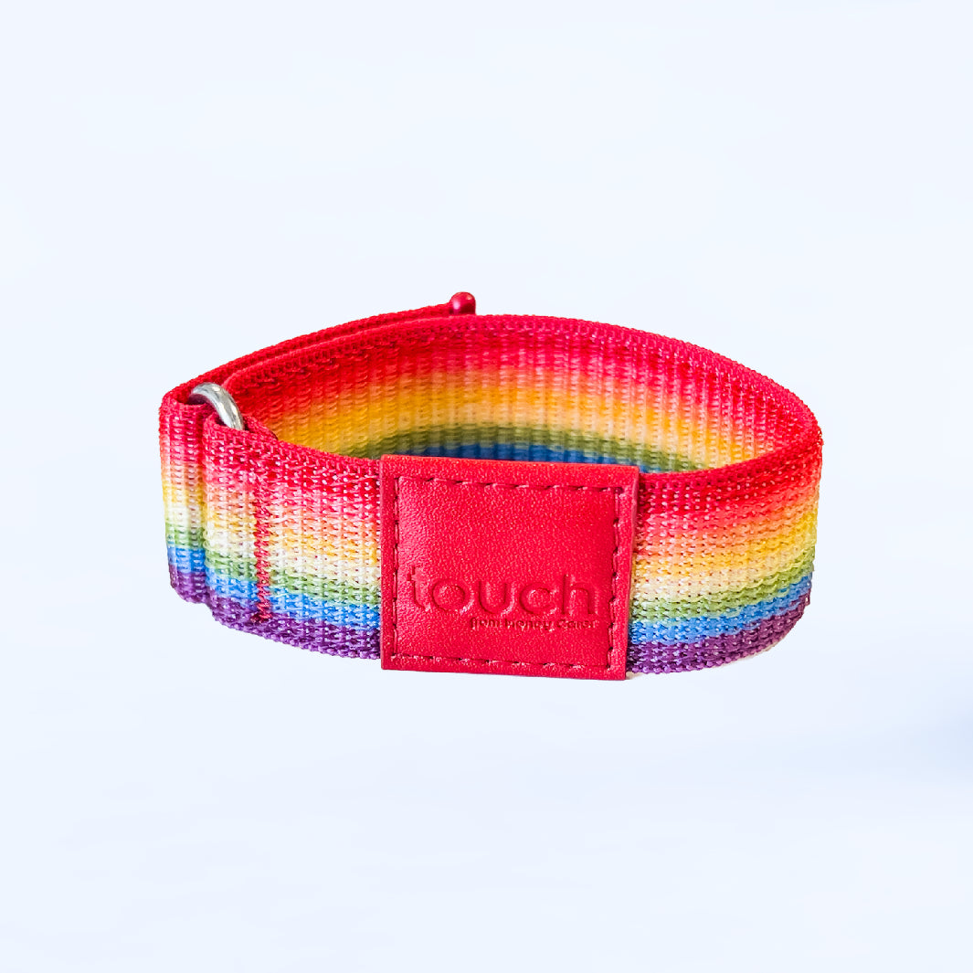 RingPay's Kids Payment Band in Rainbow on a plain background.
