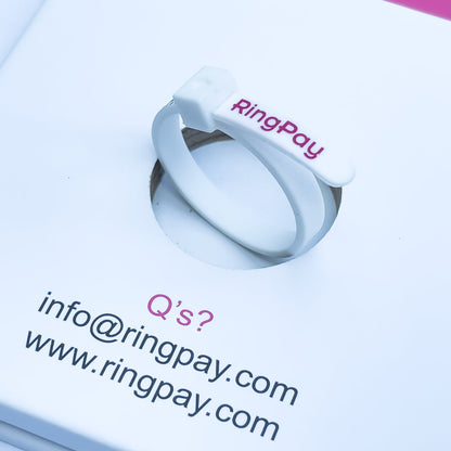 RingPay's ring sizer tool with the RingPay logo shown. The tool is shown within the packaging that would be sent to customers, alongside the website URL and email address.