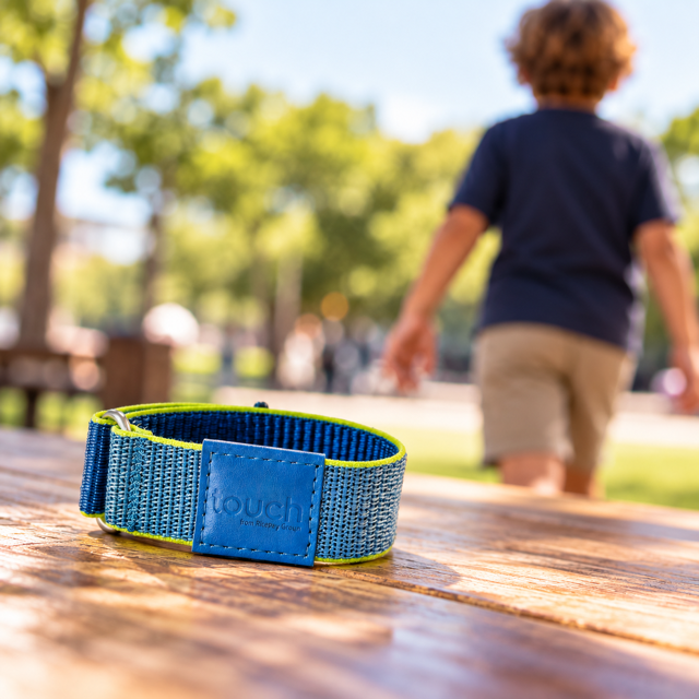 A close up of RingPay's Blue Kids Payment Band on a table as a young boy walks away.